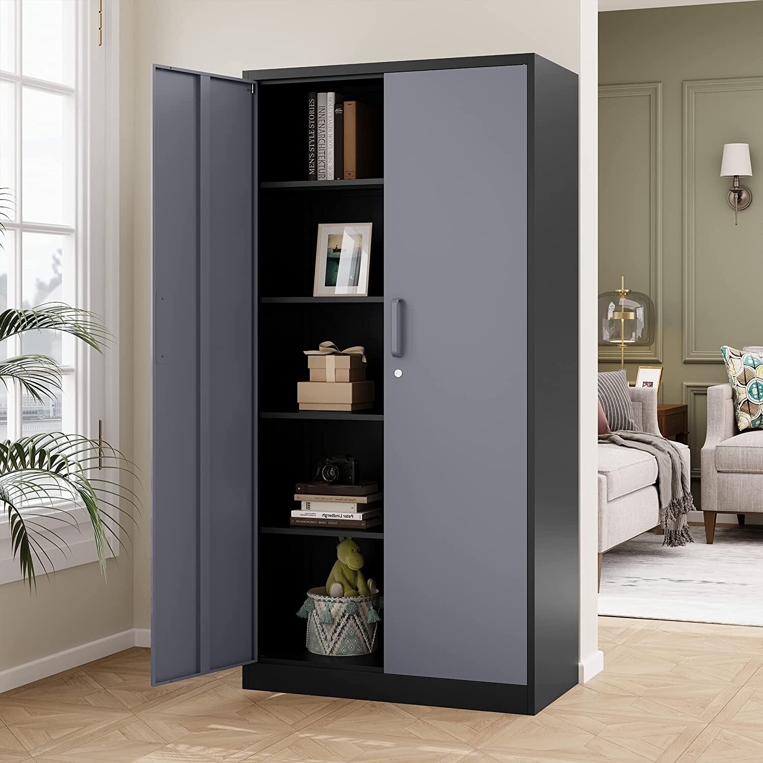 Metal Storage Cabinet with 4 Adjustable Shelves 2 Locking Door for Home Garage