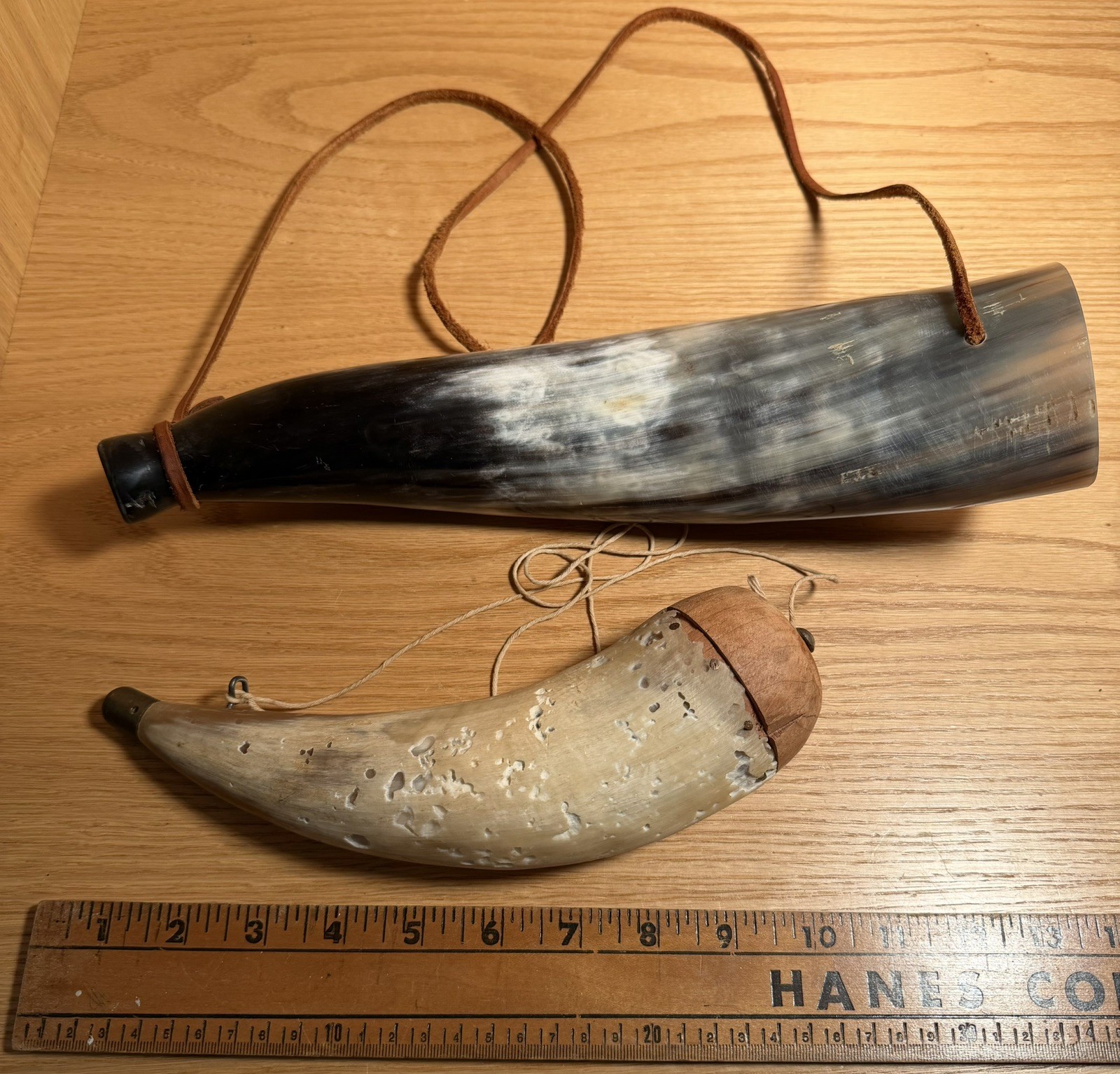 Black Powder Horn Hand Carved  and Leather strapped blowing horn