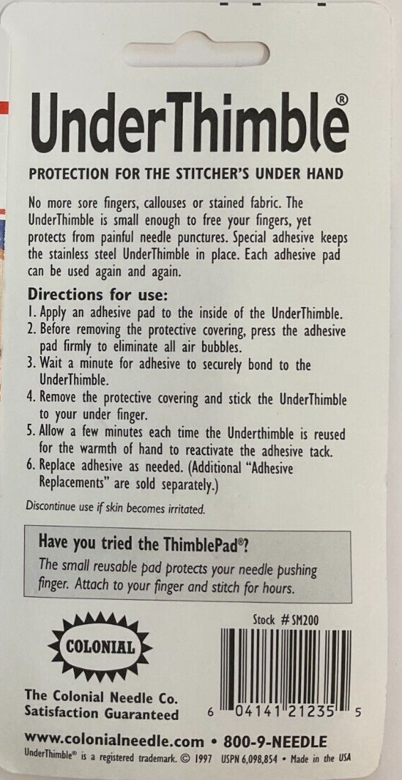 COLONIAL #SM200 - UNDERTHIMBLE - 1 THIMBLE & 8 ADHESIVES