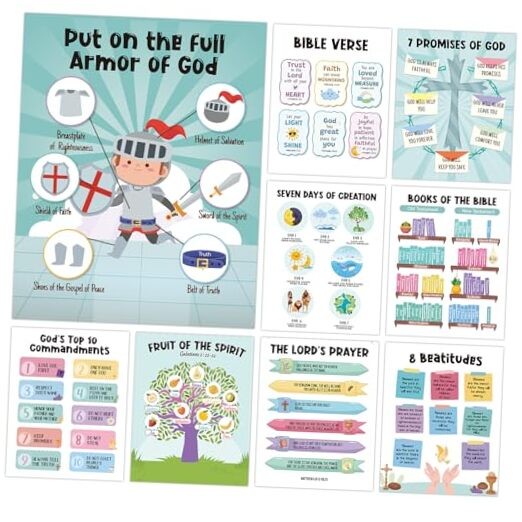 9Pcs Bible Posters for Kids, 11x14in Laminated Sunday School Decorations for
