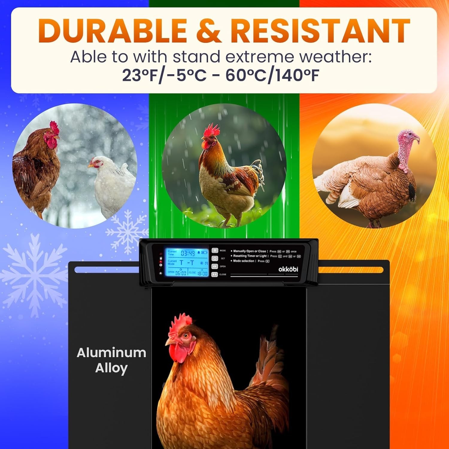 Extra Large Solar Powered Automatic Chicken Coop Door with Remote & LCD Display