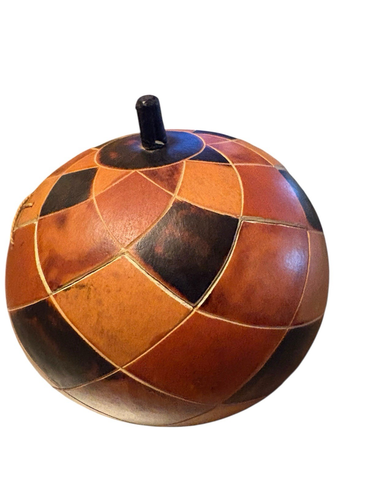 Hand Carved Gourd From Peru Checkered Trinket Box 5.5” X 5”