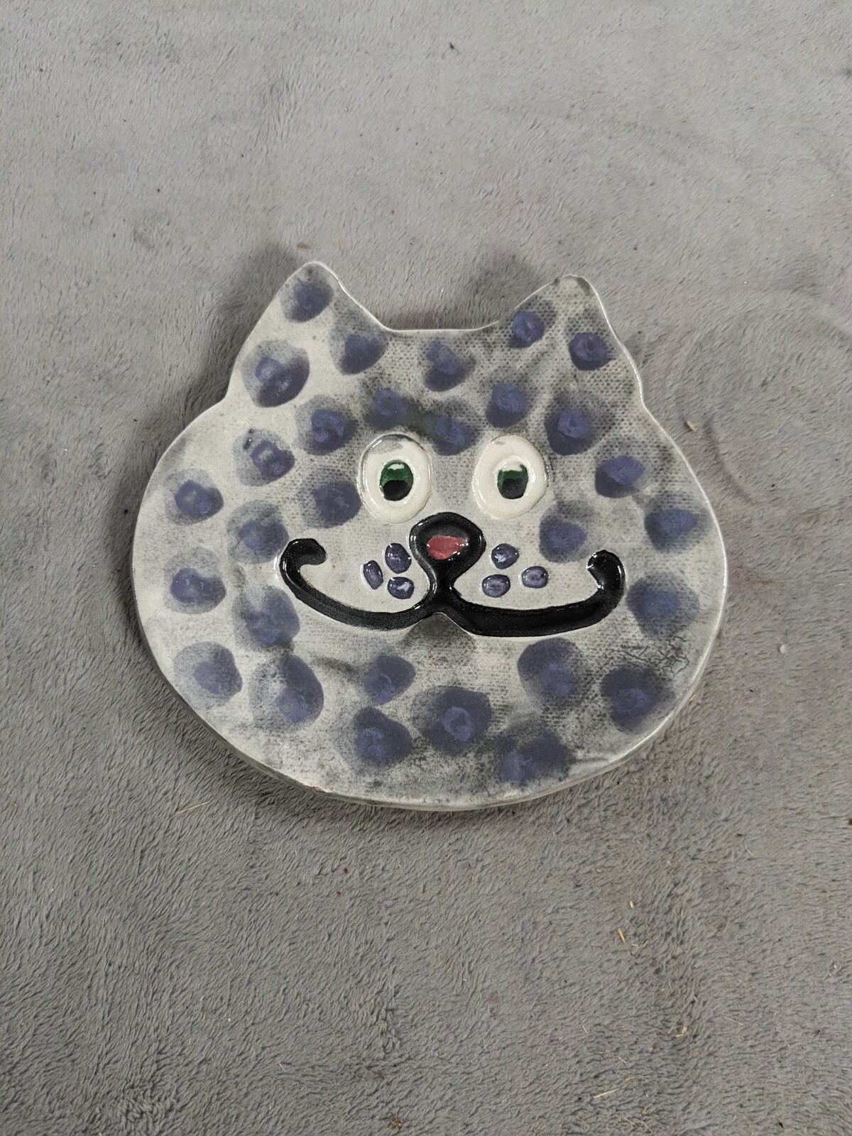 Cat Trinket Dish Plate Pottery Stoneware Hand Painted Glossy Blue Gray 4.5"