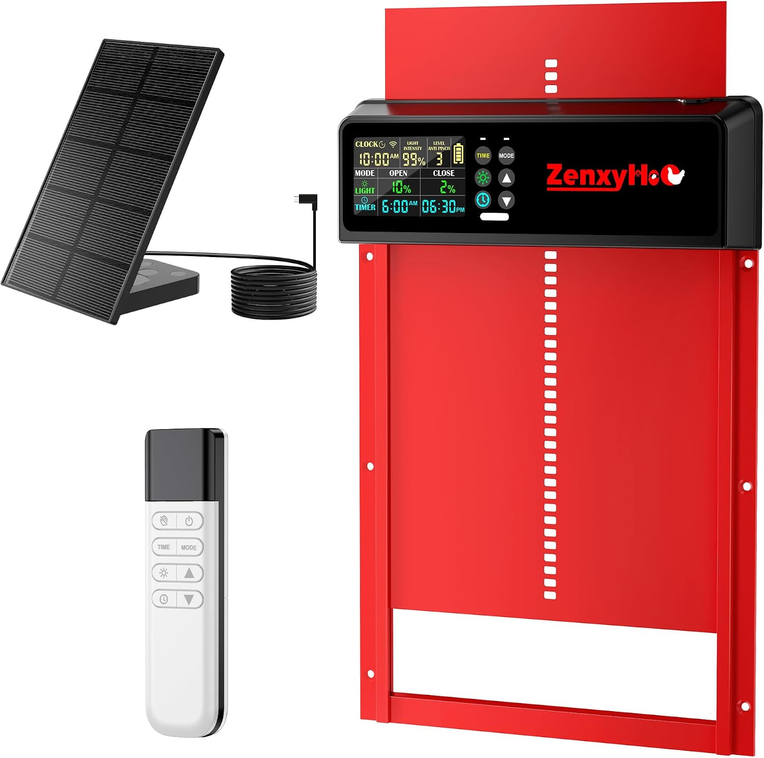 Solar Automatic Chicken Coop Door, Programmable Remote with 6 Modes (Red) | Alum