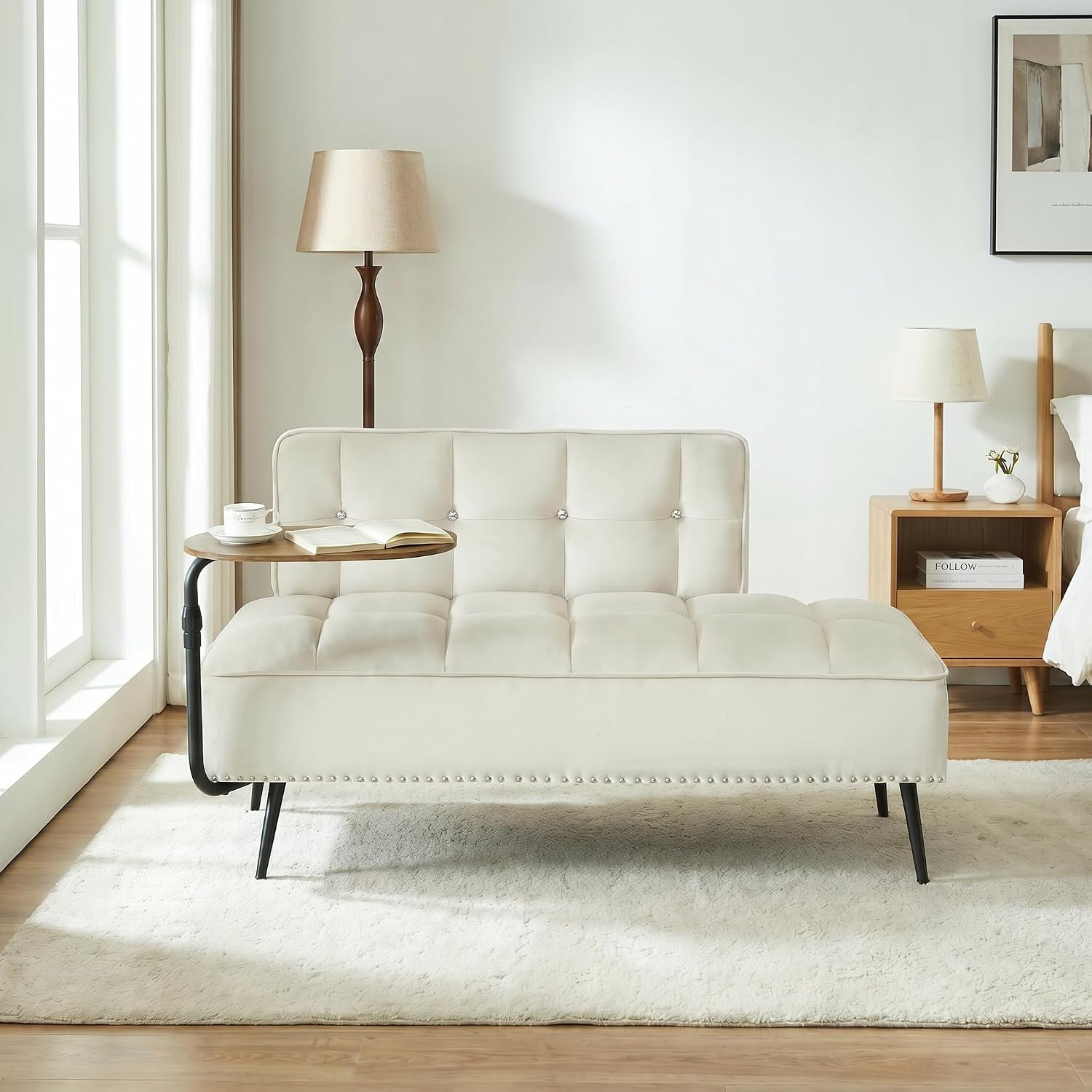 Velvet Loveseat Sofa Couch, Futon Sofa Couch with 360° Swivel Side Table, Small