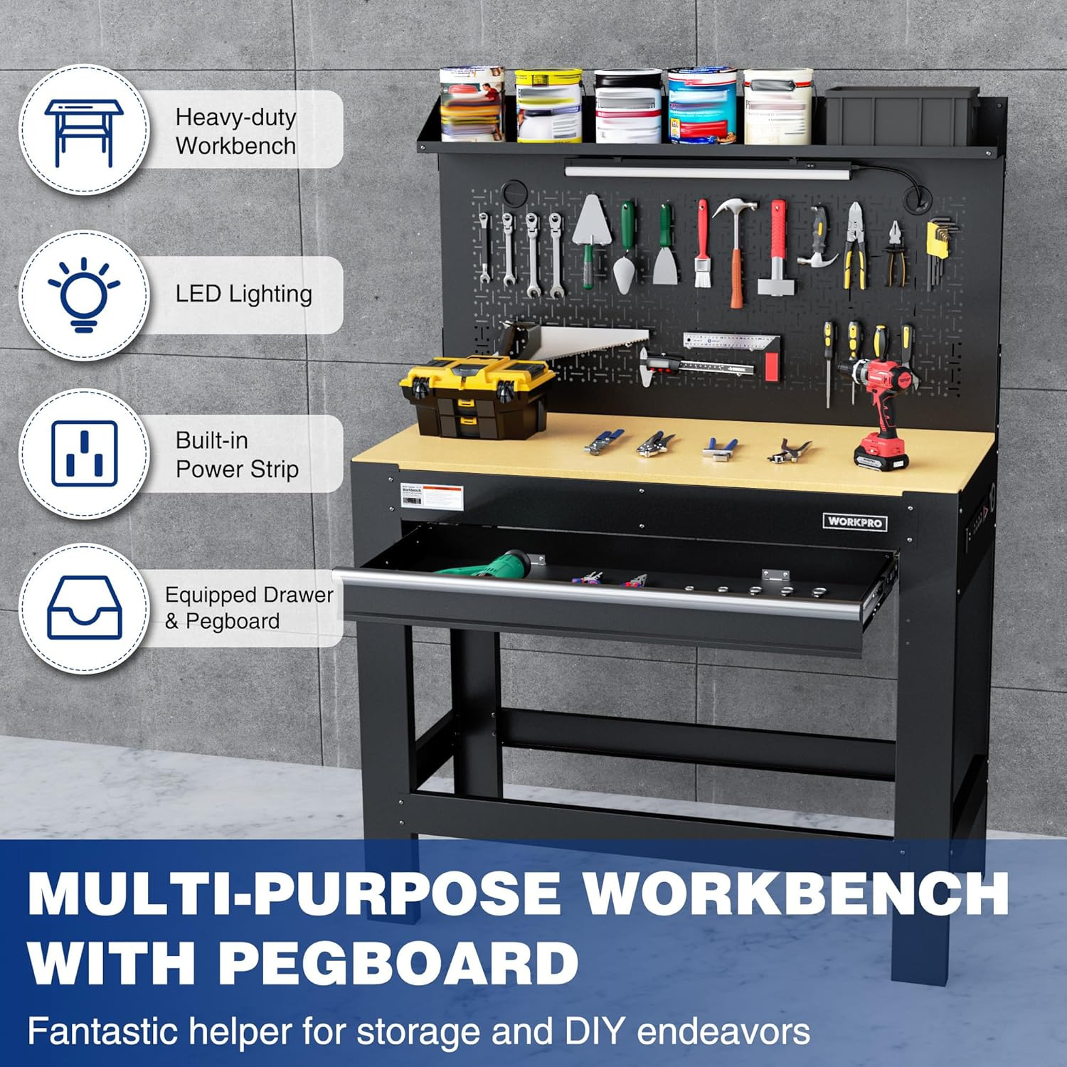 WORKPRO Garage Workbench with Storage, 45" Workbench with Pegboard, Power Outlet