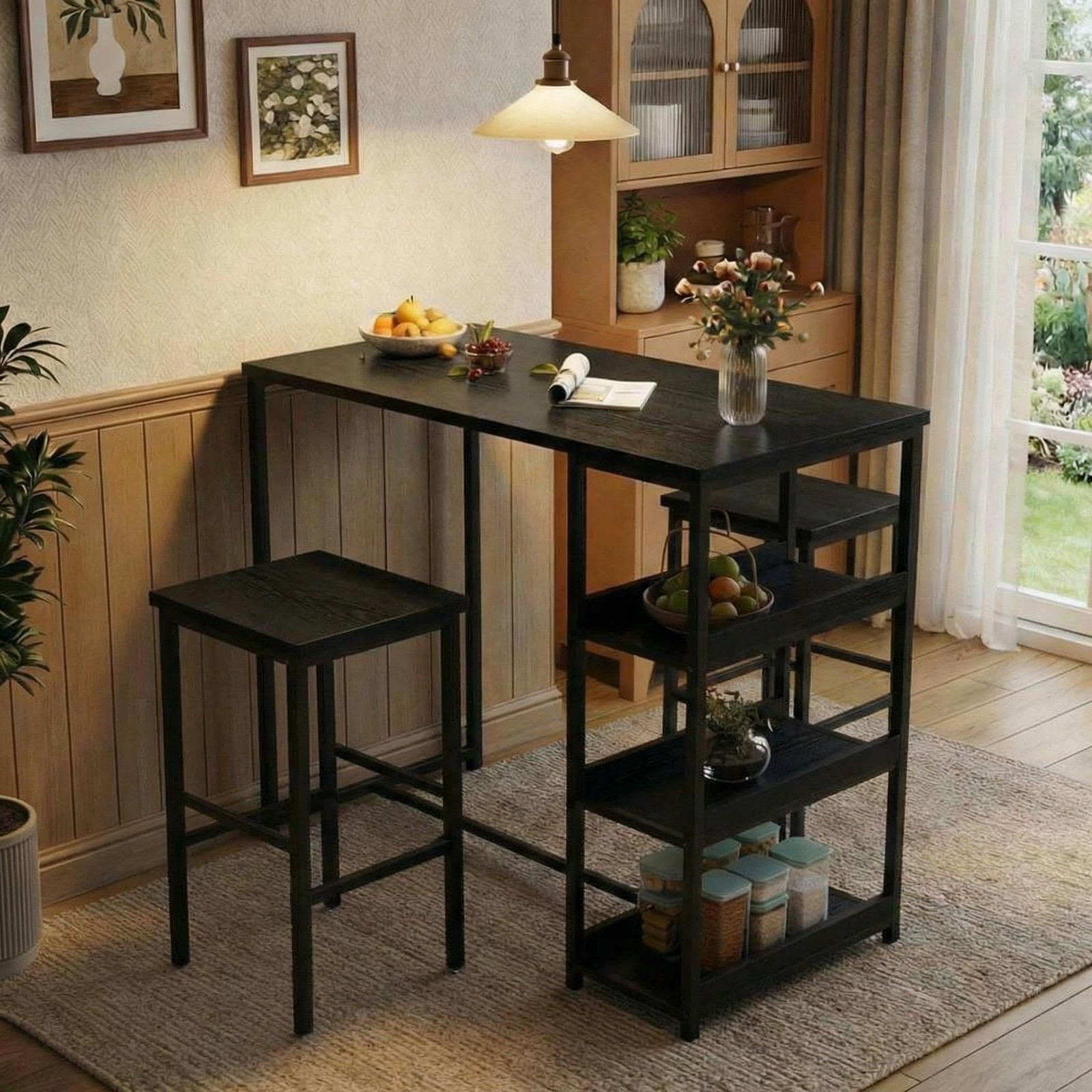 3-Piece Kitchen Table Set with Storage Shelves & 2 Bar Stools for Small Spaces