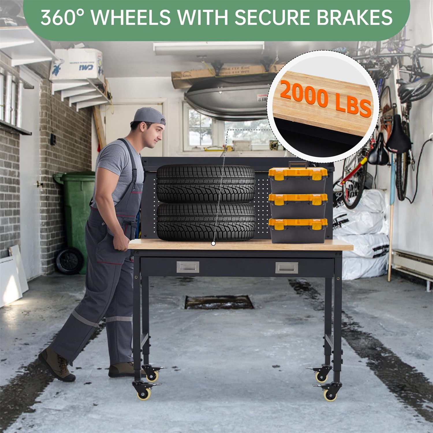 📶48" Work Benches for Garage Adjustable Workbench with Wheels Pegboard Drawers