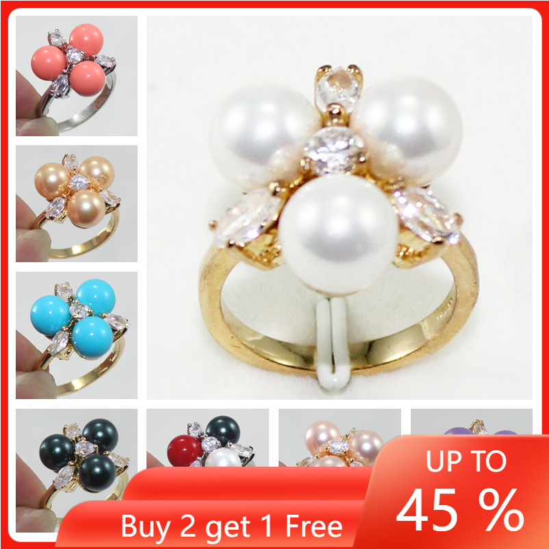 Fashion 8mm Sea Shell Pearl Jade 18K Gold Plated Ring Women Jewelry Lady Gift