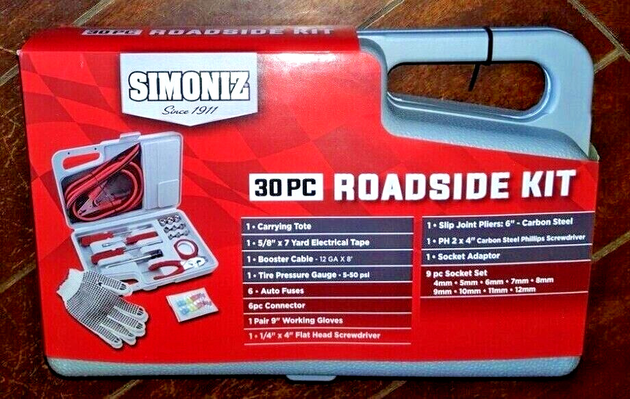 30pc Roadside Kit: Tote/Tape/Cable/Tire Gauge/Sockets/Fuses/Pliers/Gloves/+More!