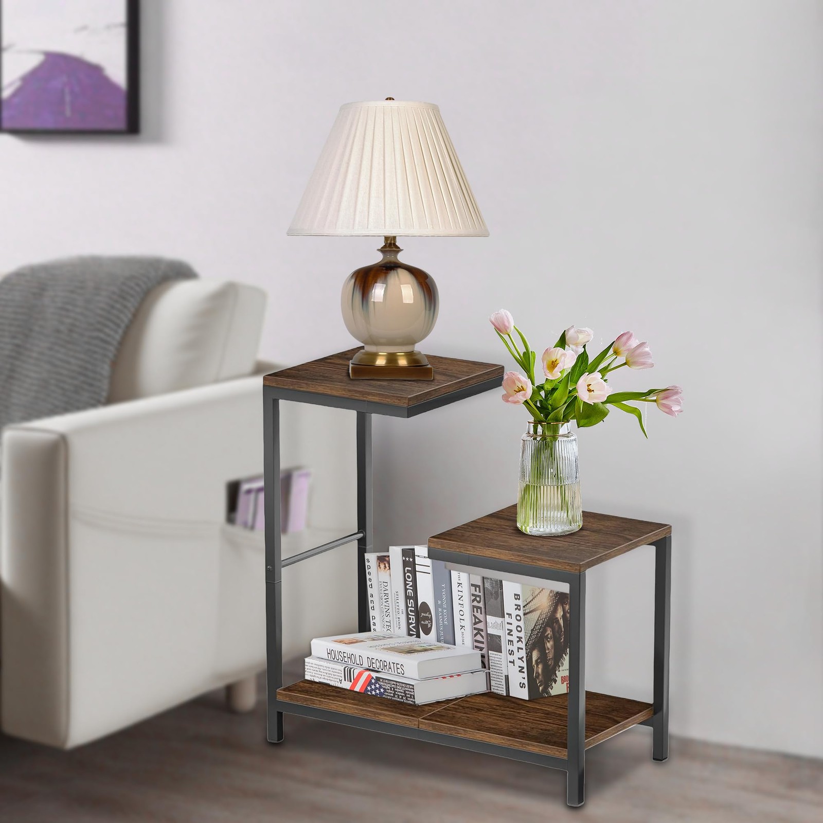 NUNET G-Shaped End Table with Storage Shelf – 26"D x 12"W x 25"H, Brown