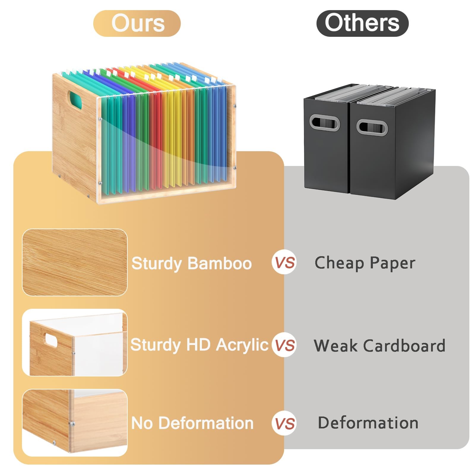 Clear Acrylic File Box Organizer, Bamboo Hanging Folder Storage Boxes, Filing