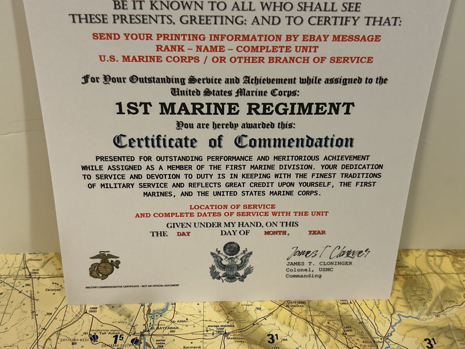 U.S. MARINE CORPS / 1ST MARINE REGIMENT (1 MARDIV) - CERTIFICATE OF COMMENDATION