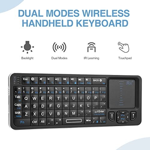 Mini Bluetooth Backlit Keyboard with Touchpad, 2.4GHz Wireless, IR Learning, Por