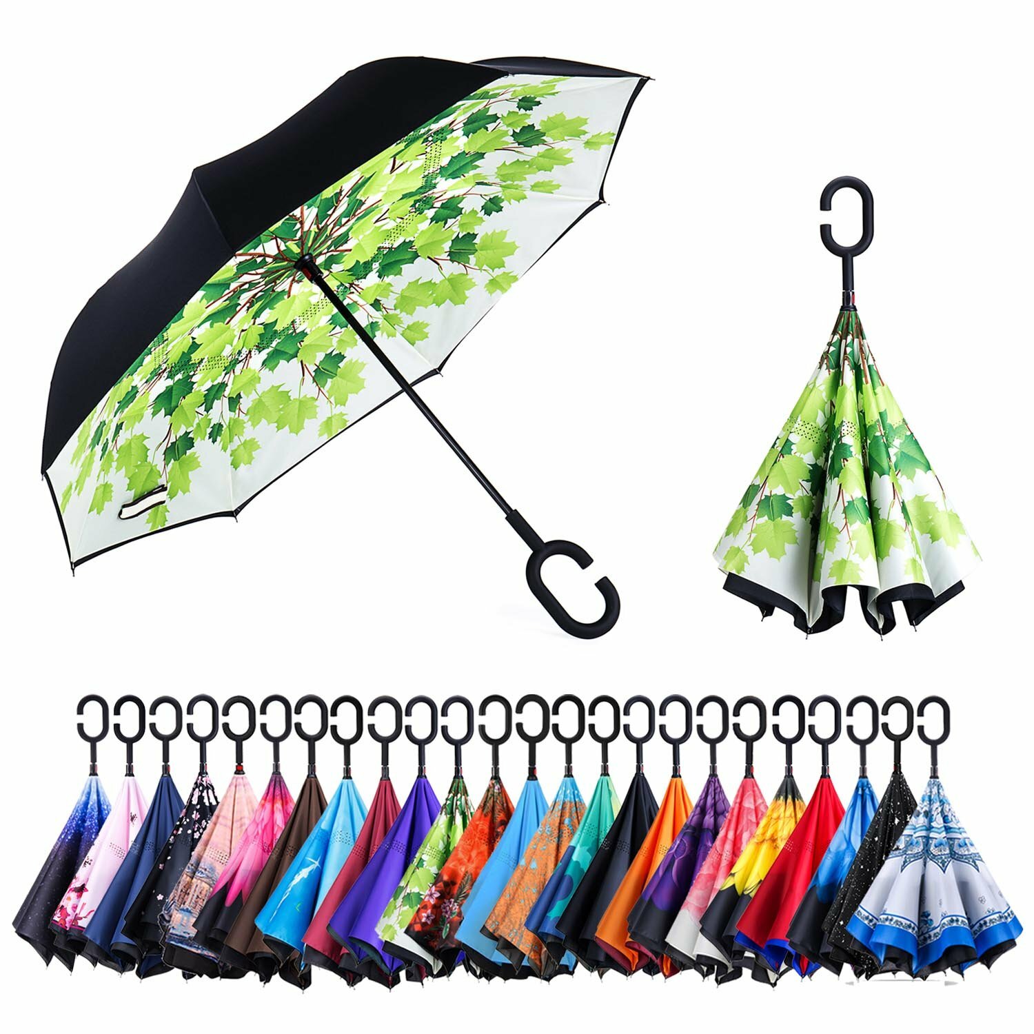 C-Handle Inverted Reverse Umbrella, Flower/City/Unicorn, Inside-out, Upside-down