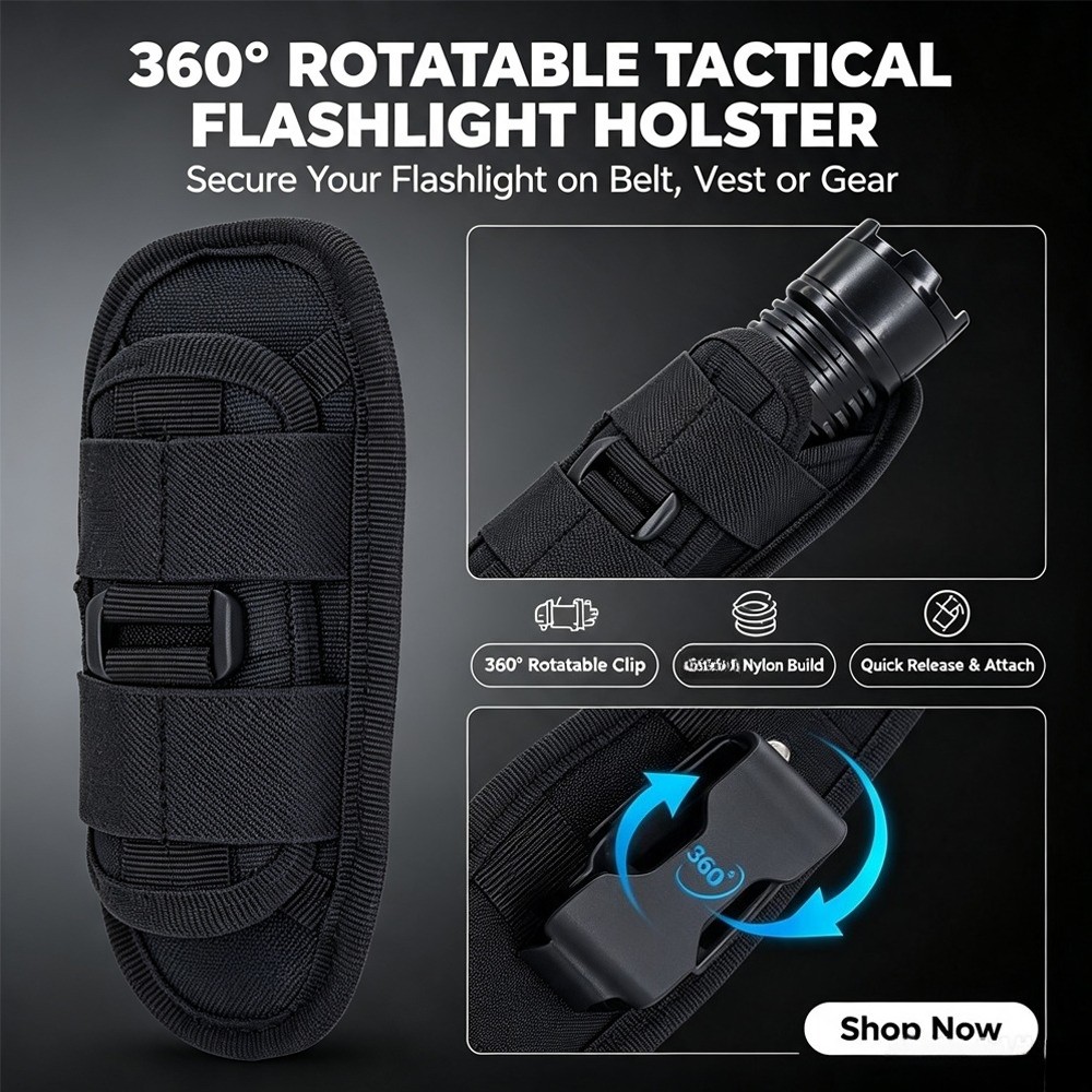 Duty Belt Flashlight Holster for Tactical Flashlight Holder 360° Rotatable Clip