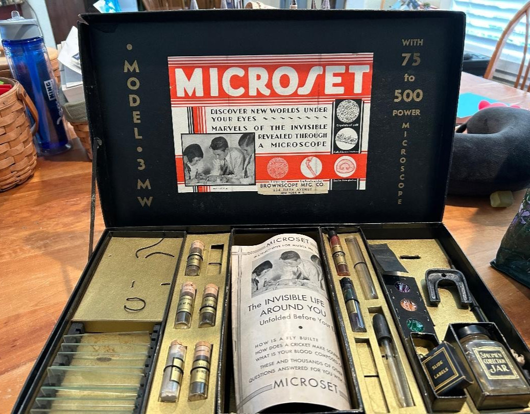 Vintage 1930 Microset Model 3MW Microscope Set Brownstone Manufacturing Co.