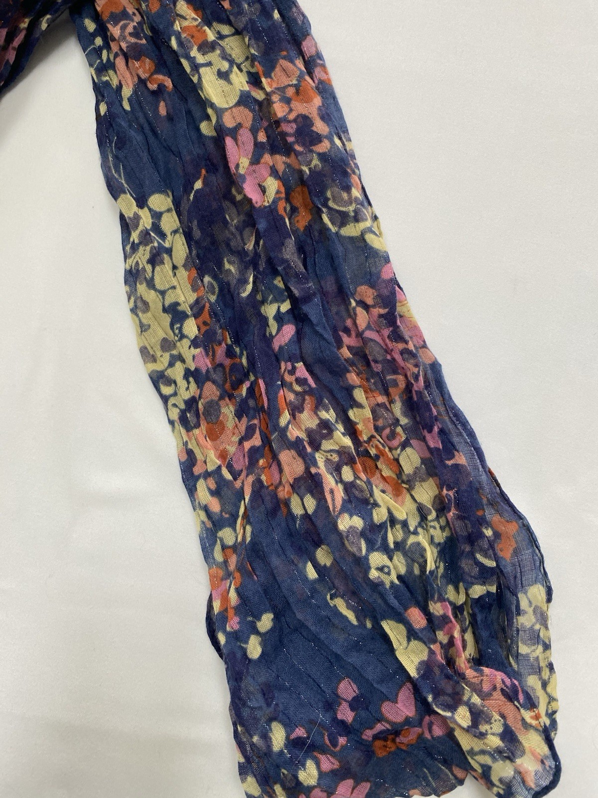 H&M Floral Crinkle Scarf | Navy Pink Yellow Lightweight Sparkle Lurex Long