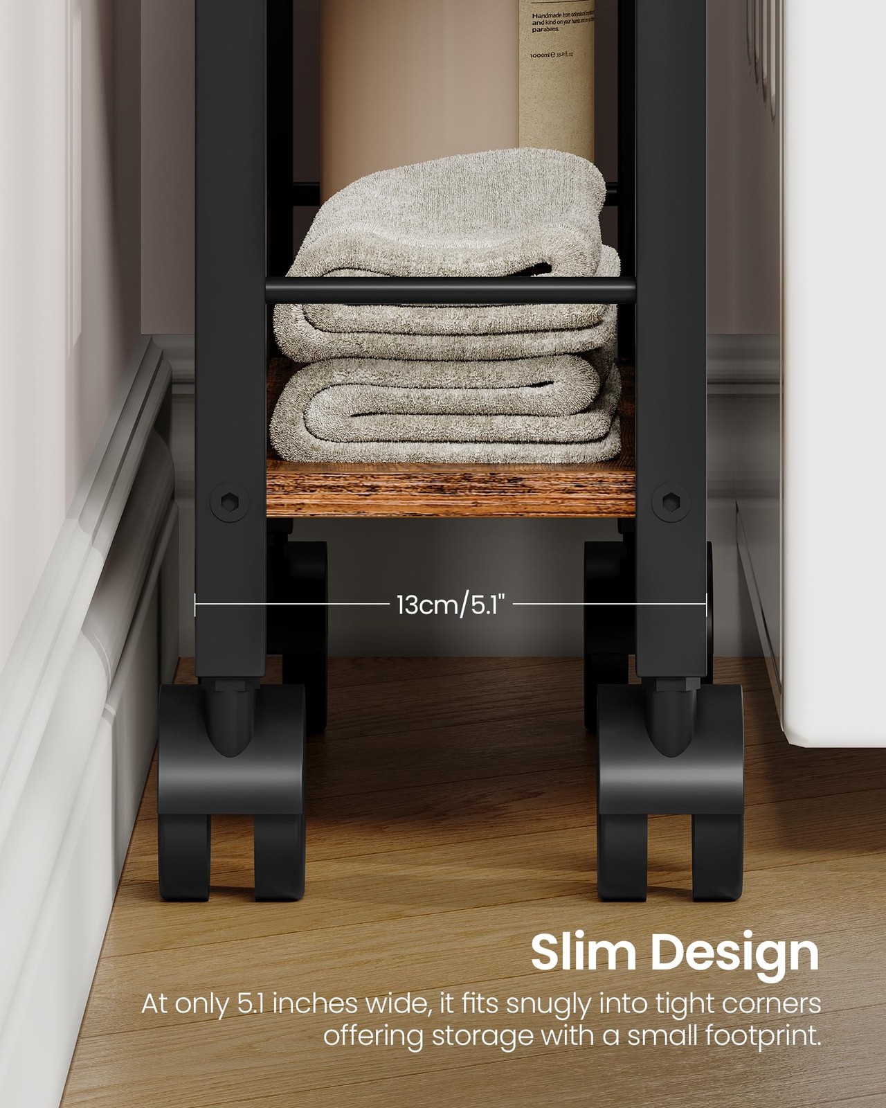4Tier Slim Storage Cart 5.1 Inch Kitchen Serving Trolley Rustic Brown Black