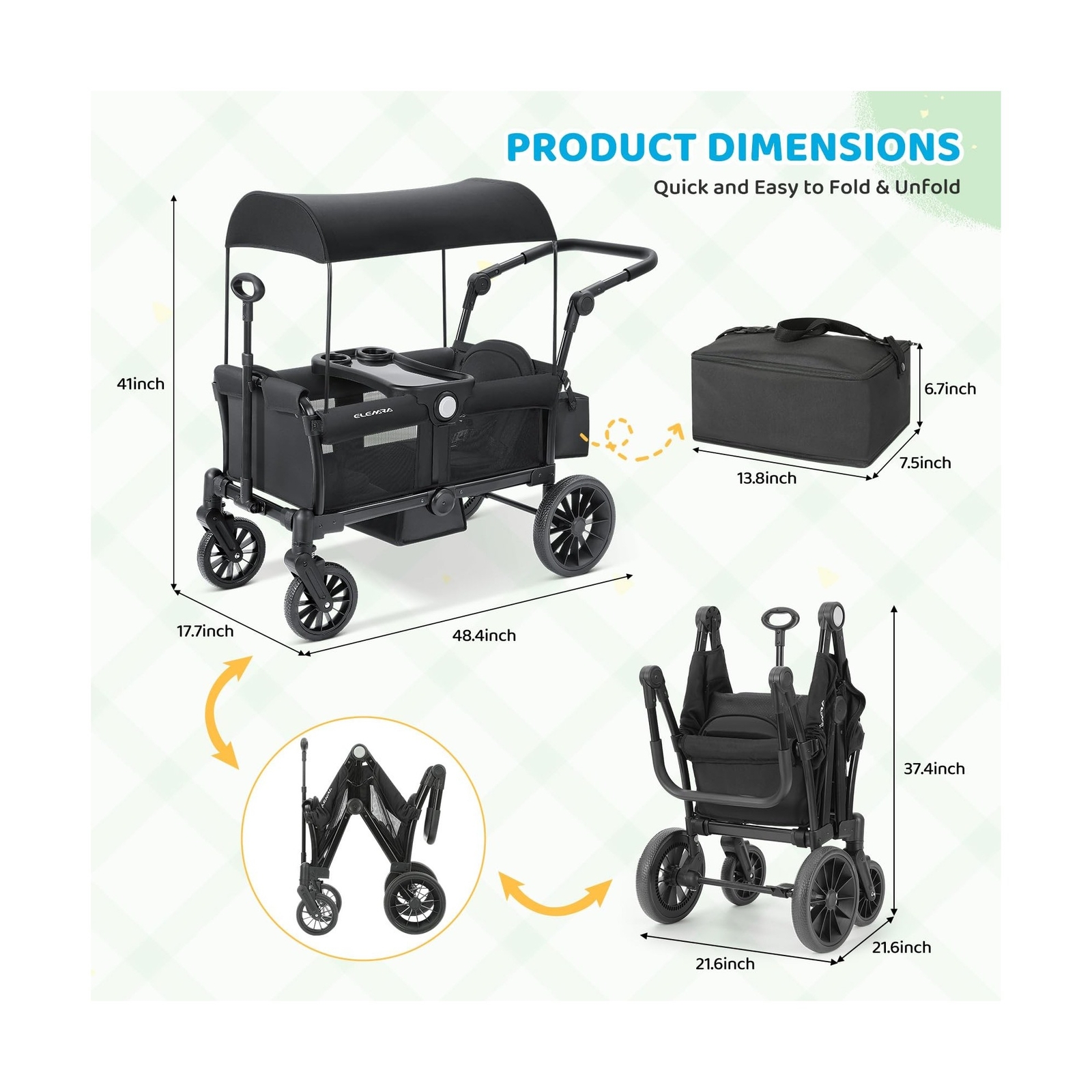 ELEMARA Stroller Wagon for 2 Kids, Foldable Wagon Stroller, Premium All Terra...