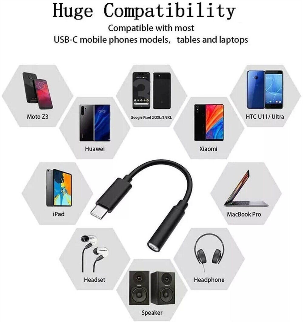 USB-C Type C Adapter Port to 3.5MM Aux Audio Jack Earphone Headphone Cable USB
