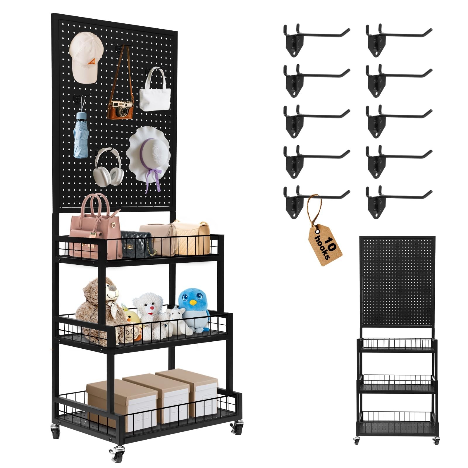 Pegboard Panels, 3-Tiers Metal Pegboard Display Stand with Peg Board Panel, S...