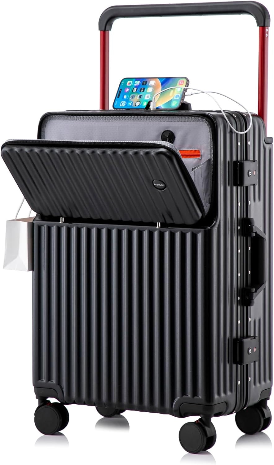 20" Black Lightweight Carry-On Luggage with Spinner Wheels & USB Port