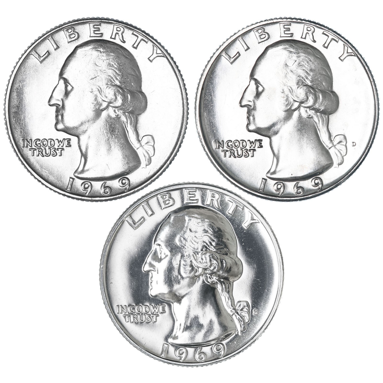 1969 P D S Washington Quarters CN-Clad BU & Gem Proof 3 Coin Year Set