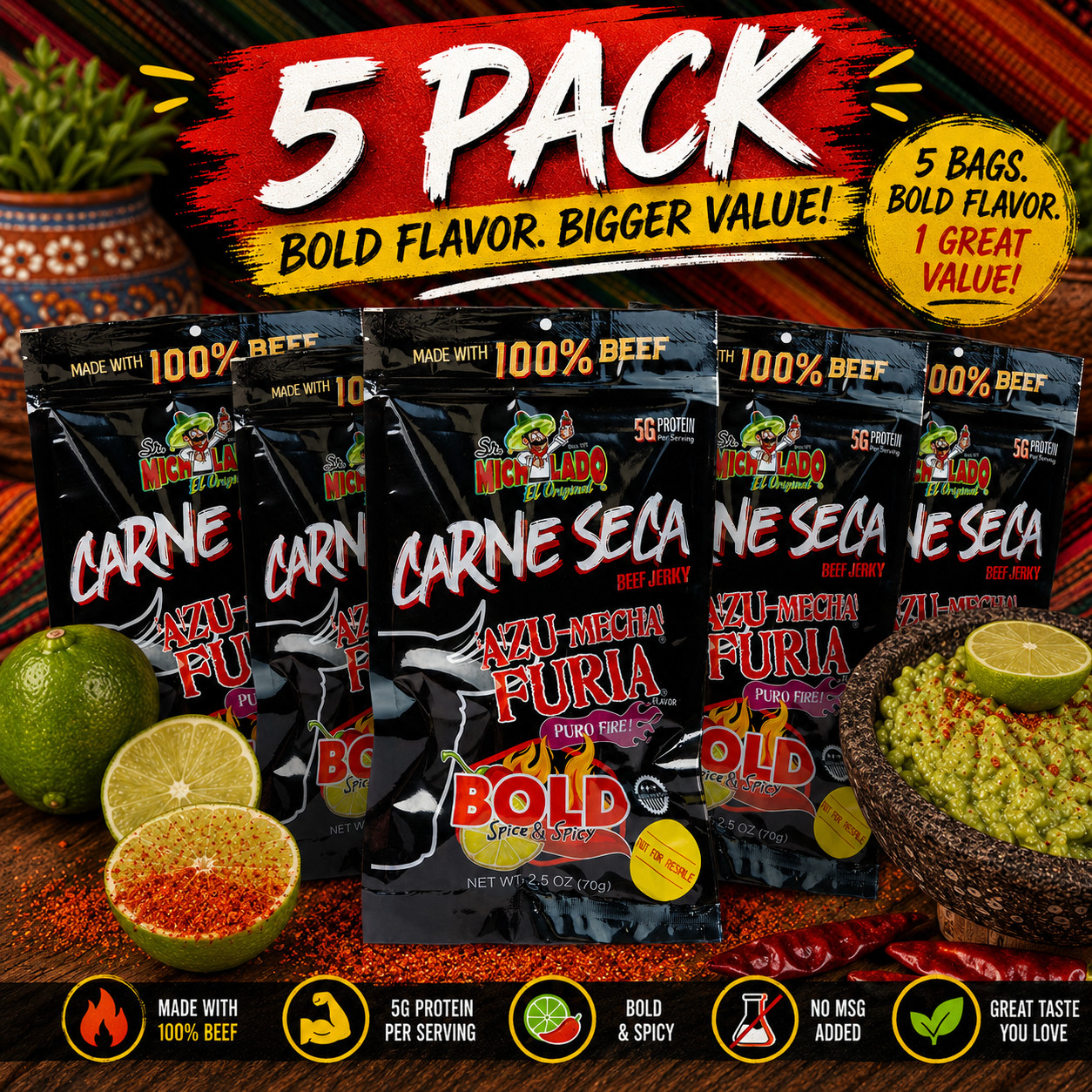 Premium Beef Jerky Mexican Style Carne Seca (5 Pack)