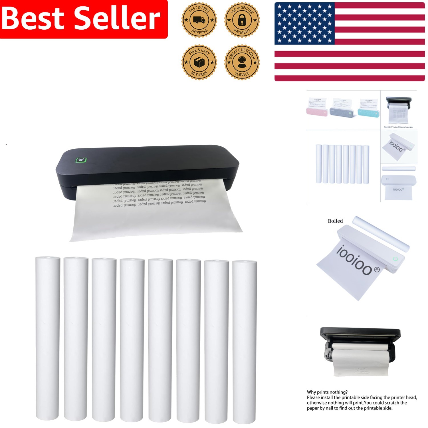 A4 Thermal Printer Paper 8 Rolls 3- Lasting BPA BPS Free Inkless Universal