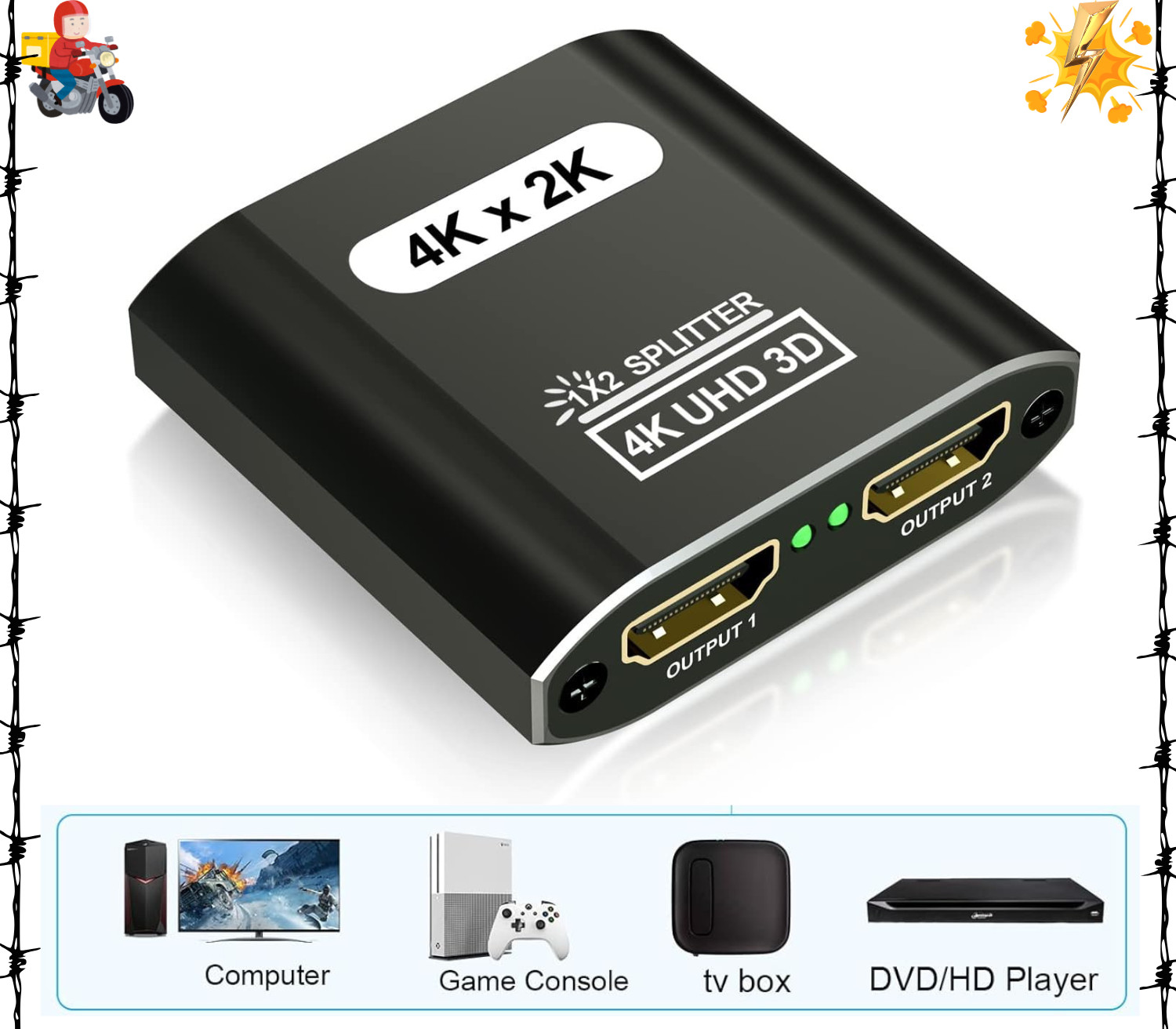 HDMI Splitter 1 In 2 Out - Aluminum 4K Signal V1.4 Powered HDCP Bypass Supports
