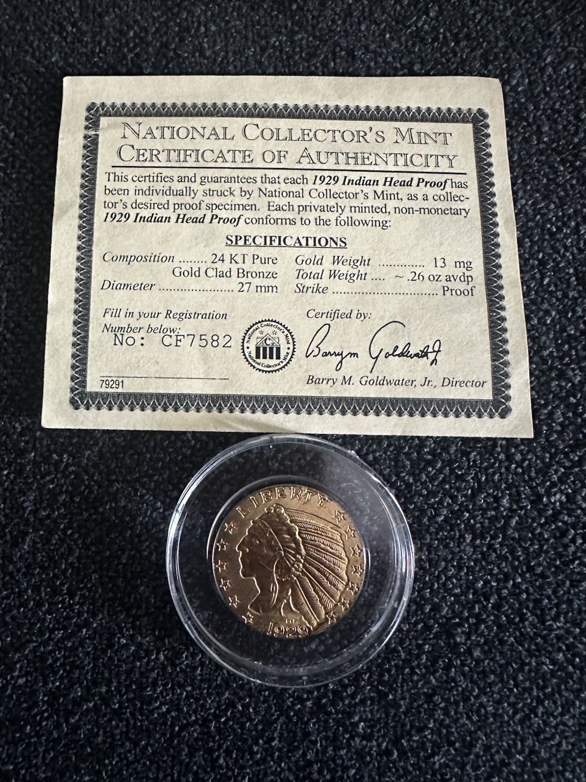 National Collector’s Mint 1929 Indian Head Tribute PROOF C I COPY COLLECTOR COIN