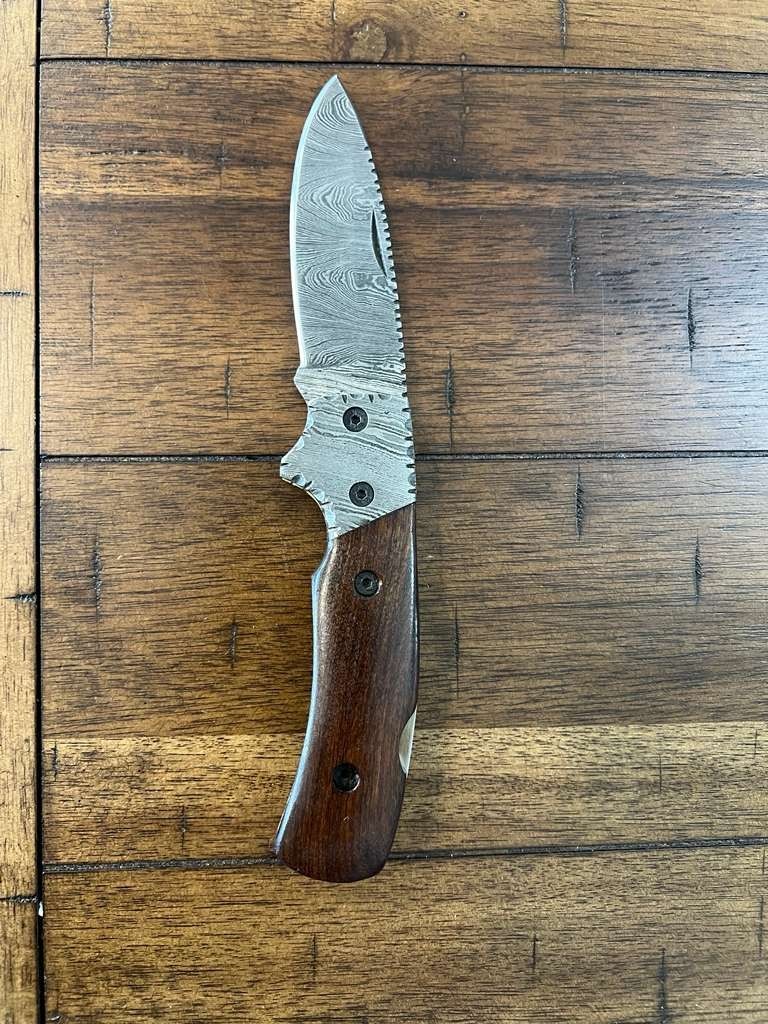 CUSTOM HANDMADE DAMASCUS WOOD HANDLE FOLDING KNIFE W/ PREMIUM SHEATH 29