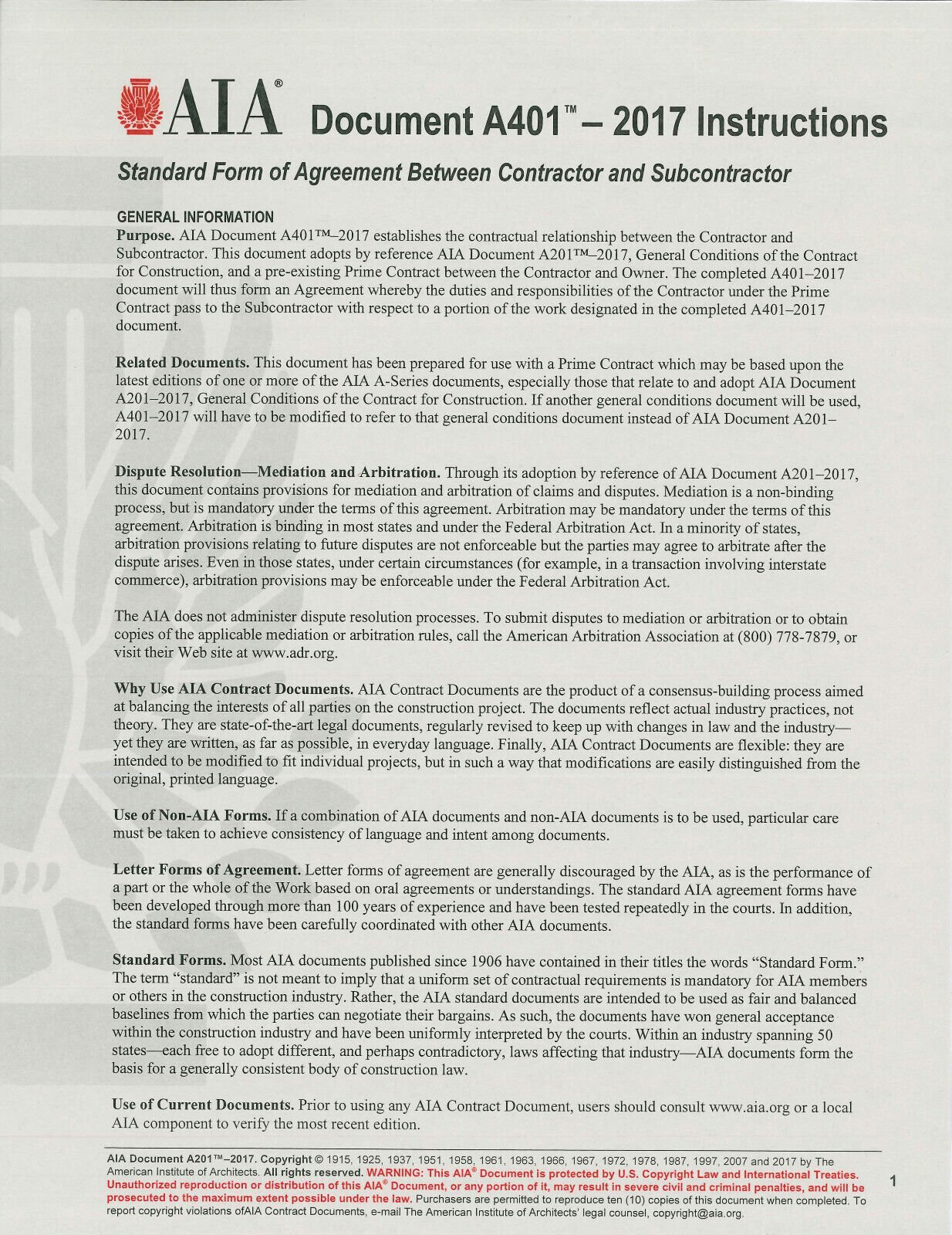 AIA Documents A201 A401 A701 - 2017/18 General Conditions
