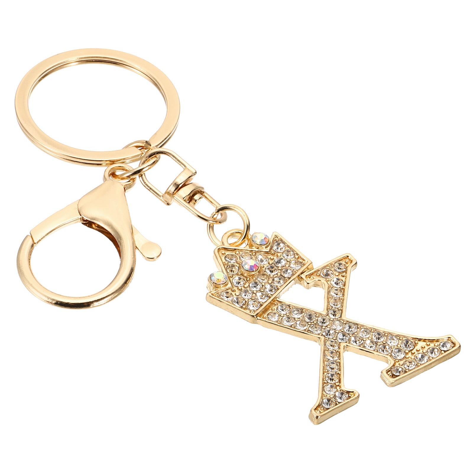 Initial Letter Keychain, Letter X Crown Design Charm with Crystal, Gold Tone