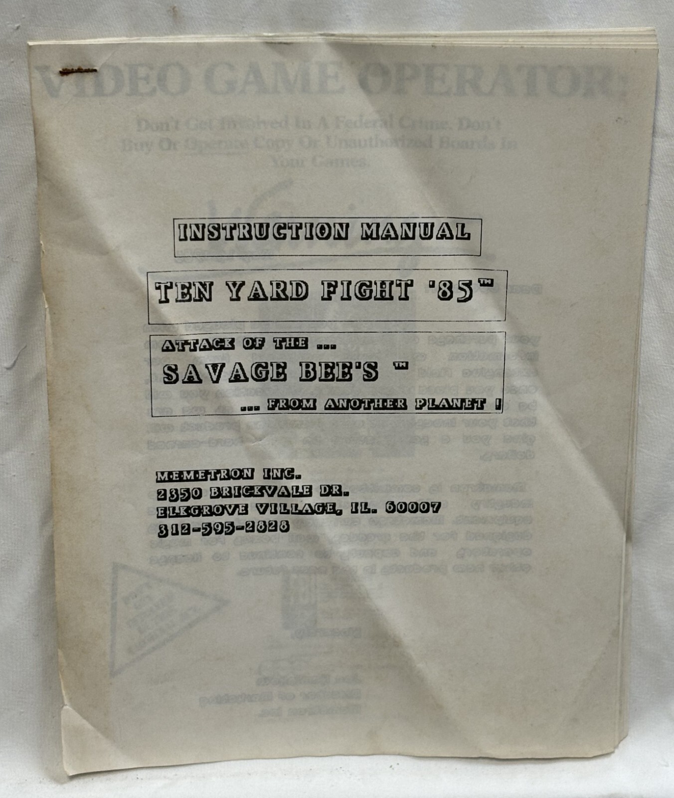 ORIGINAL-MEMETRON-TEN YARD FIGHT '85-INSTRUCTION MANUAL