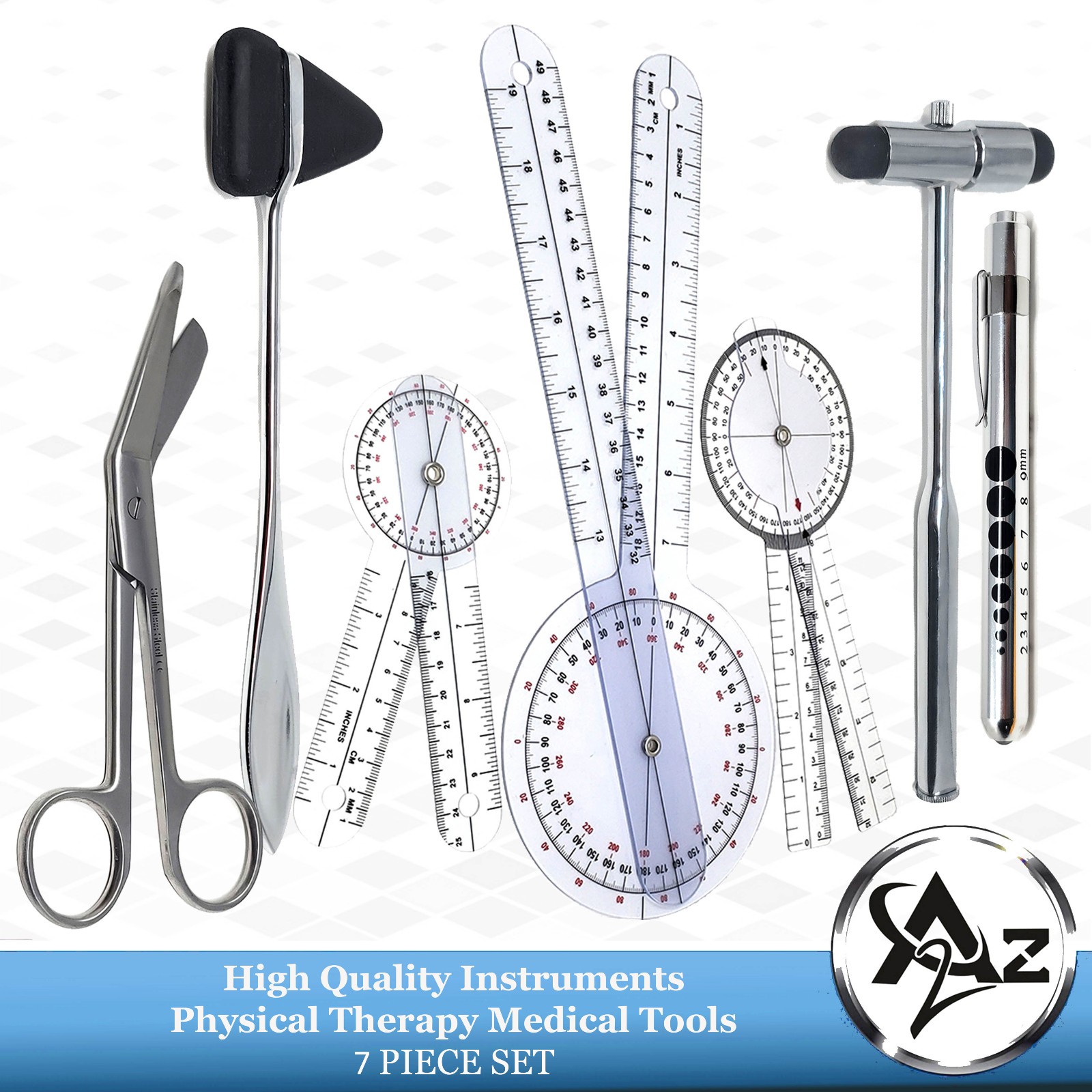 Complete Goniometer ROM Set for PT, OT, Nursing – Bonus Reflex Hammer & Penlight