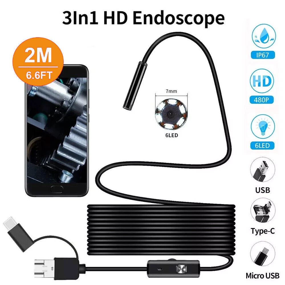 2M Industrial USB Snake Endoscope 7mm HD Inspection USB Camera Scope Waterproof