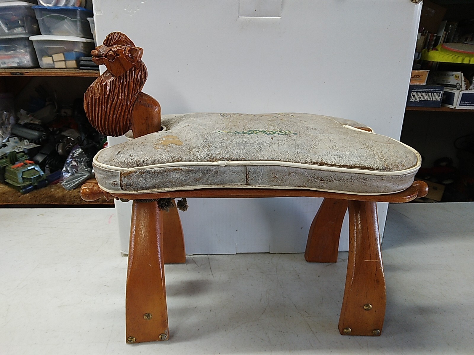 Vintage Egyptian Camel Saddle Brass Studded Wood Leather Seat Foot Stool