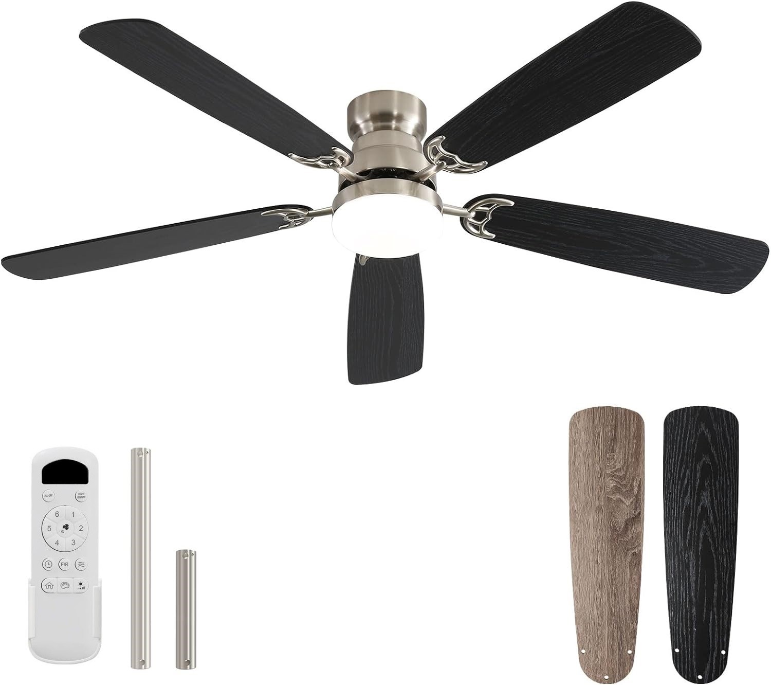 Brushed Nickel Flush Mount Ceiling Fan Light Kit W/ Remote for Bedroom Farmhouse