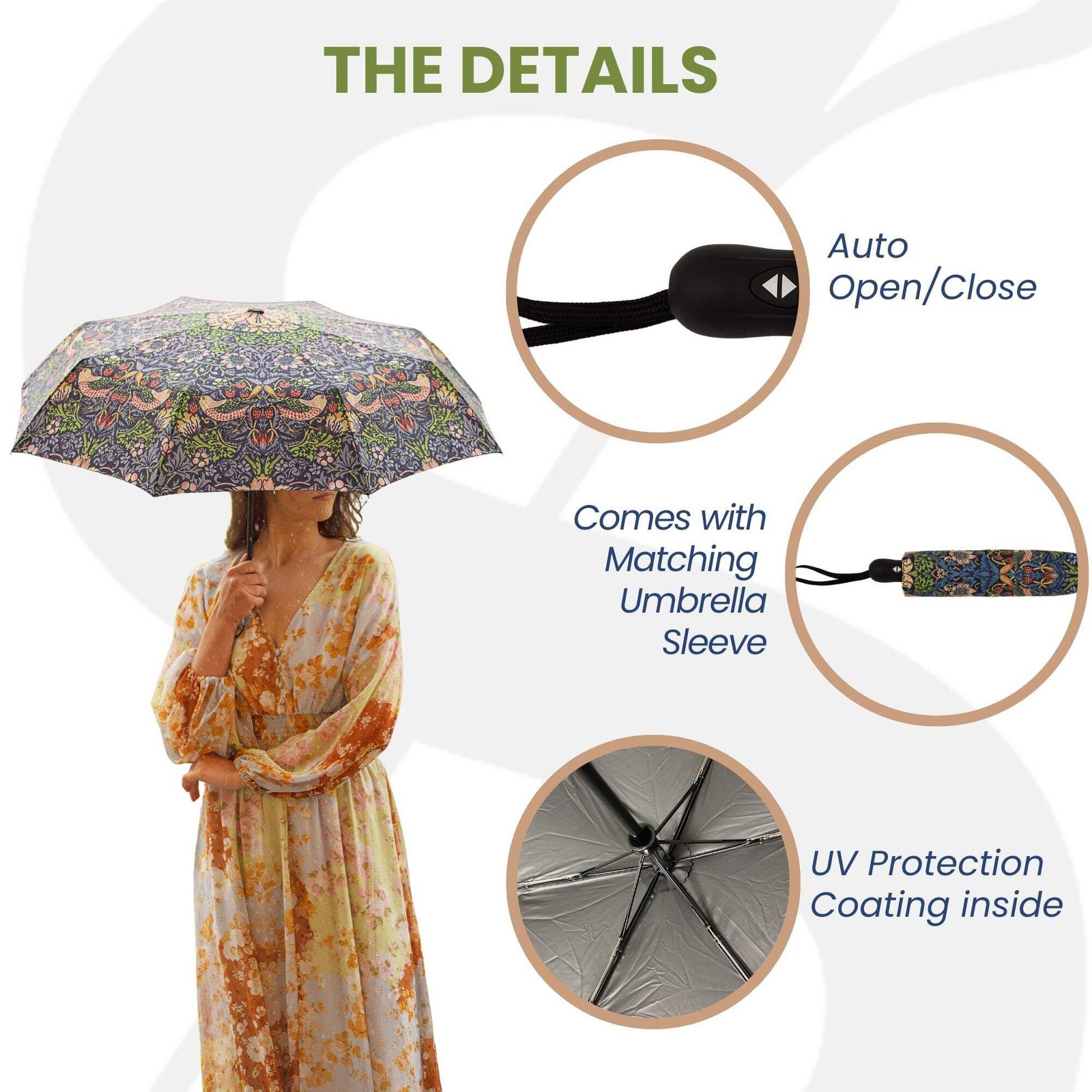 Strawberry Thief Blue William Morris Design Automatic Folding Umbrella
