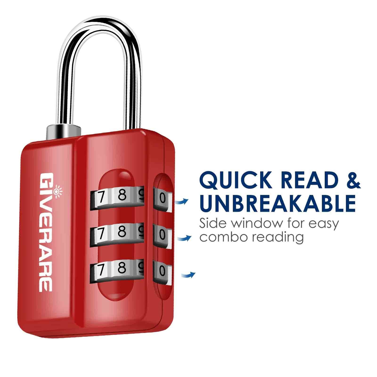 GIVERARE 4 Pack Combination Lock, 3-Digit Padlock Keyless, Small, Red