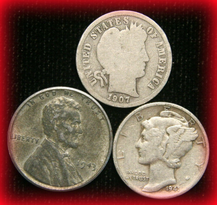 Old US Coin Estate Lot Barber Dime Steel Cent Mercury Dime 3 Coin Set