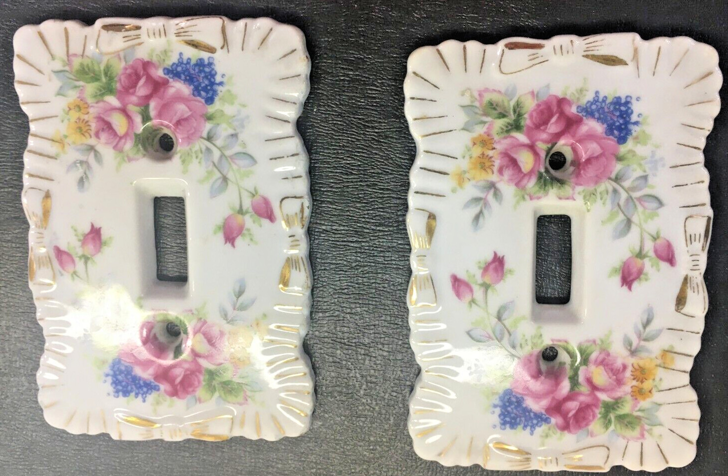 Switch Plate cover Floral Hand painted Porcelain Ornate Single vintage Lot of 2