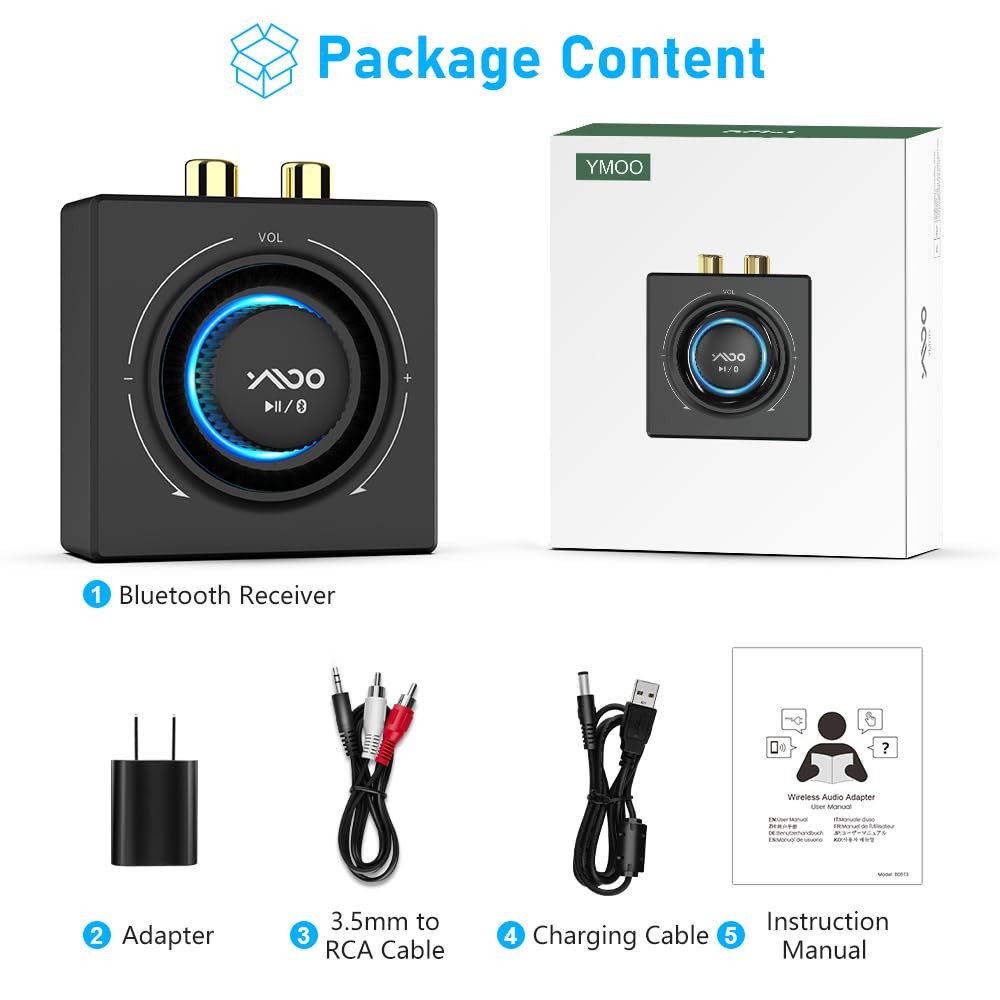 B06T3 Bluetooth 5.3 Receiver, 100ft RCA Bluetooth Audio Adapter for 3.5mm Jac...
