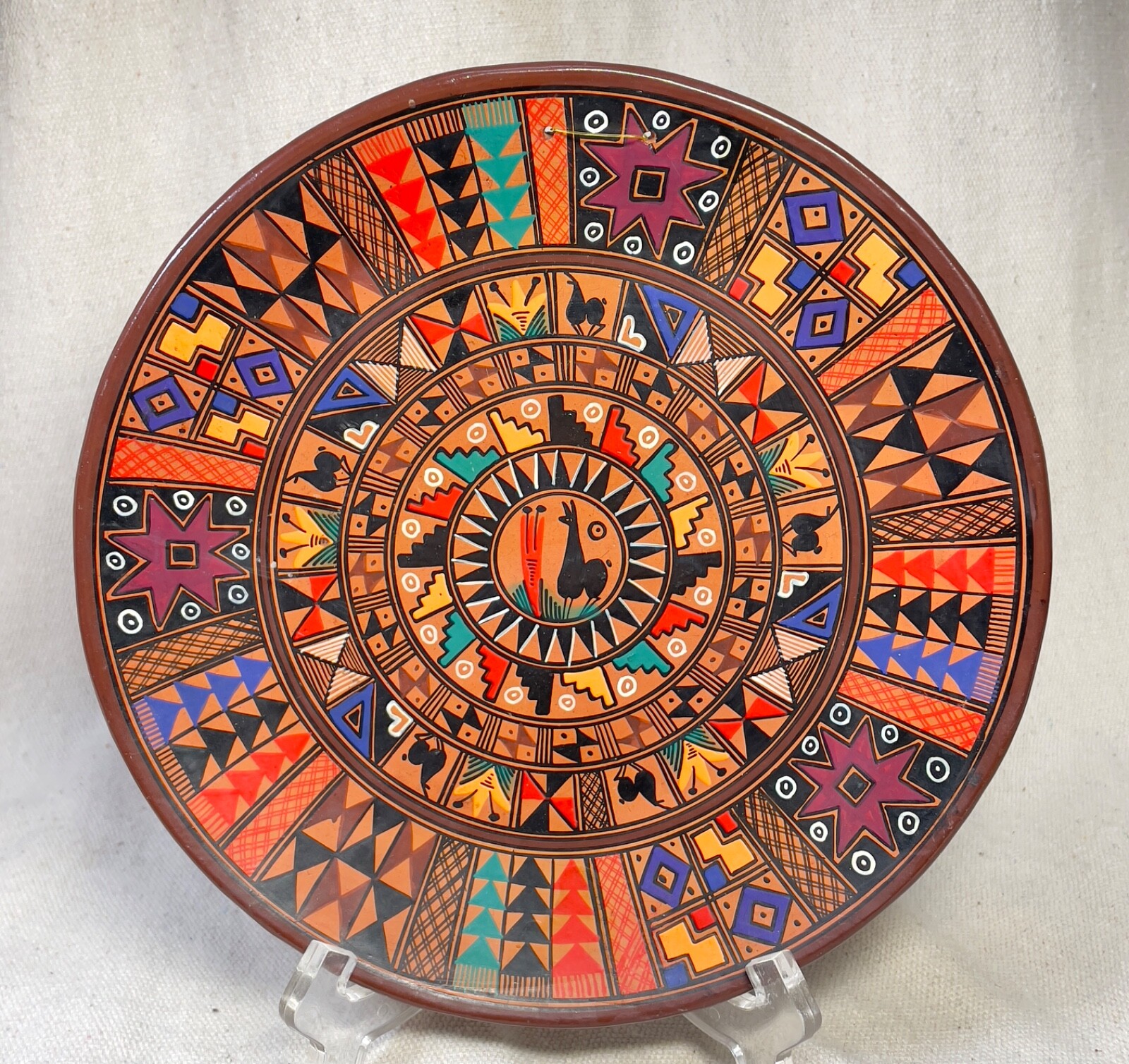 Pisac Cusco Peru 8” Terra Cotta Plate RAUL QUISPE Artist Signed Holes to Hang Vg
