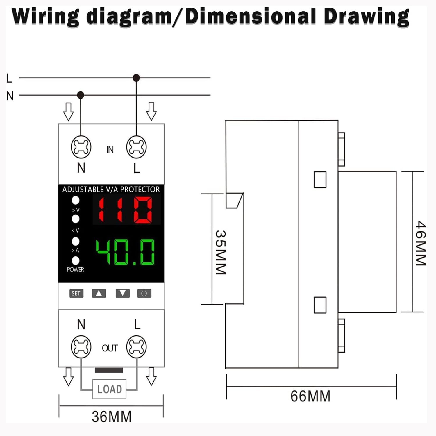 Smart Voltage Protector, 1-40A Adjustable 110V/220V DIN Rail Mount Circuit Br...