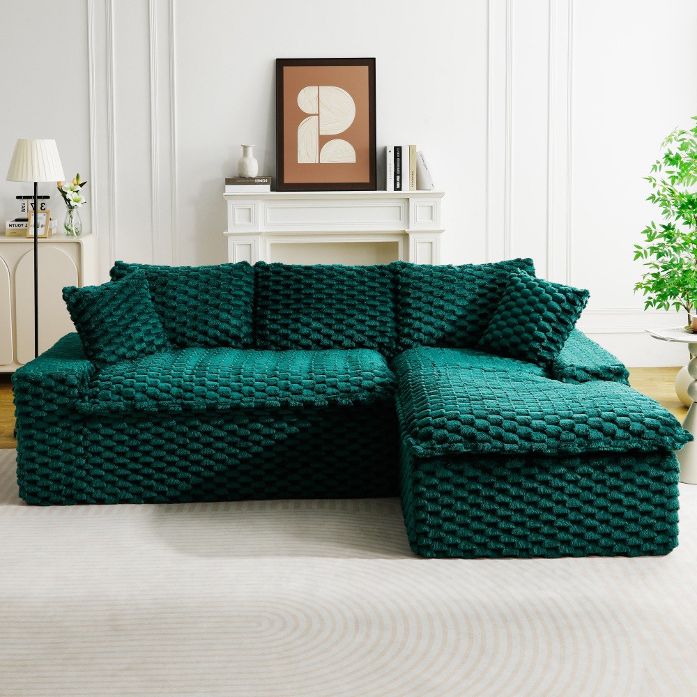 Green Velvet Convertible Sofa w/ Chaise Lounge - L-Shape Couch for Living Room