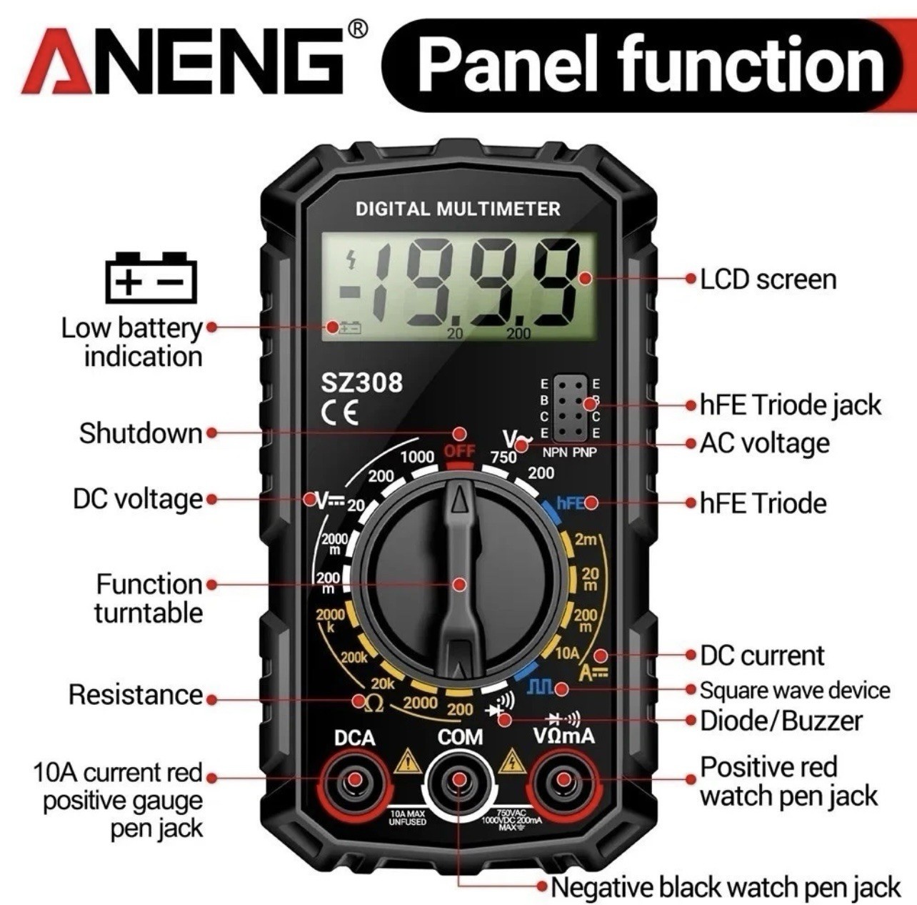 Digital Multimeter AC DC Voltmeter Ammeter Ohmmeter Volt Tester Meter SZ308 USA