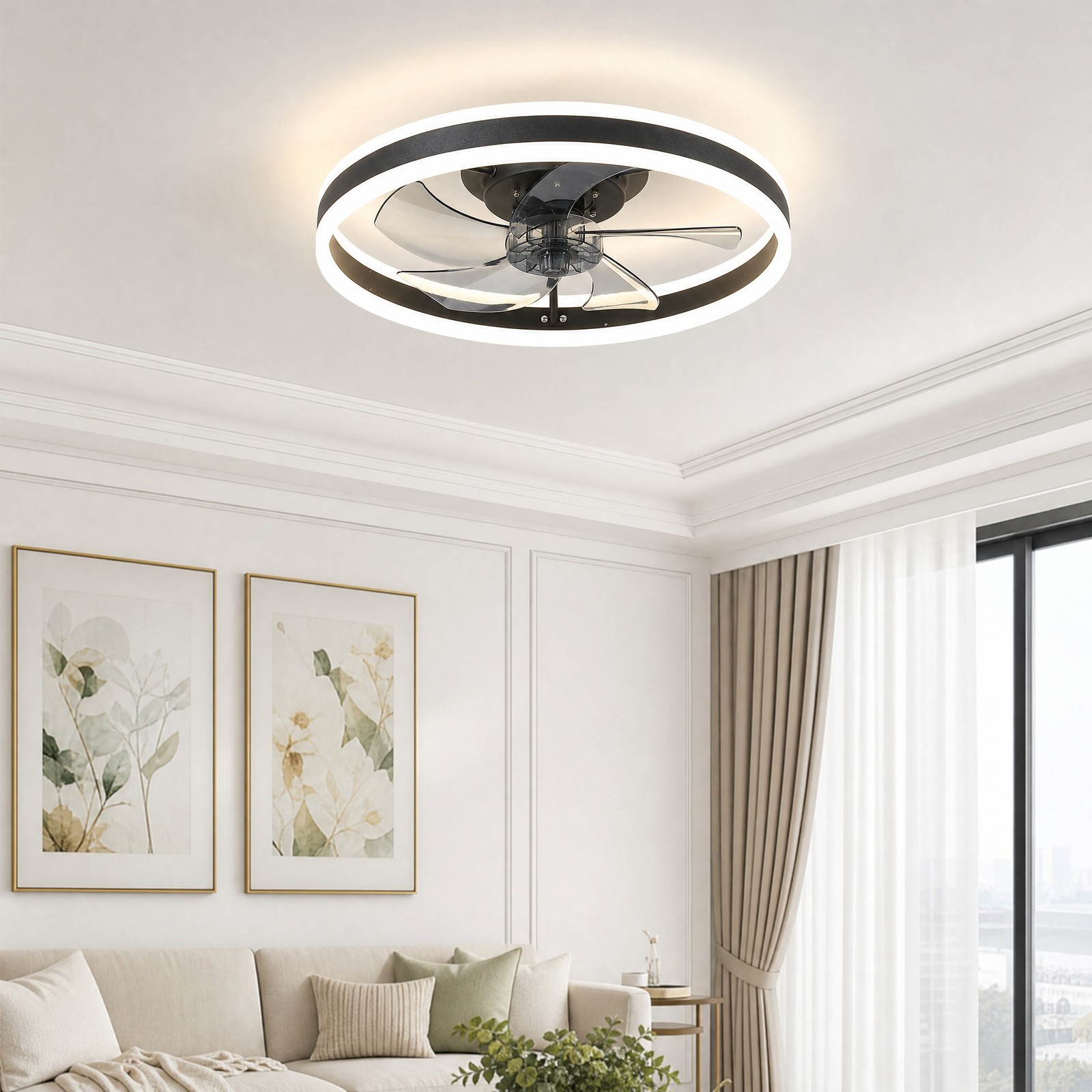 20 inch Flush Mount Modern Black LED Ceiling Fan Remote APP Control with Light